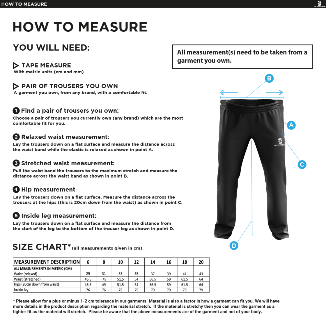 Poplin Track Pant - Ladies Fit - Size Guide