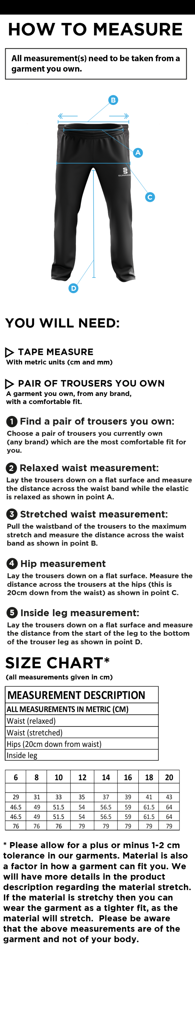 Poplin Track Pant - Ladies Fit - Size Guide