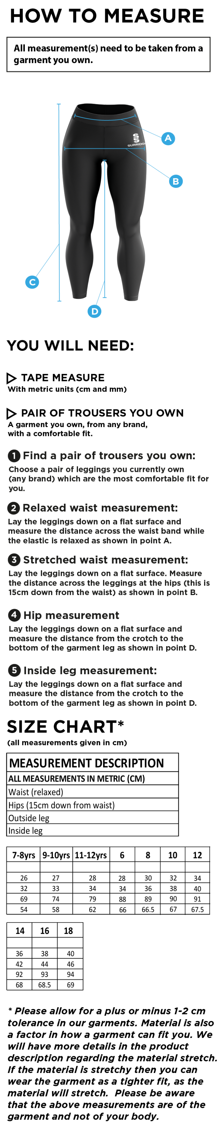 Performance Full Length Leggings - Size Guide