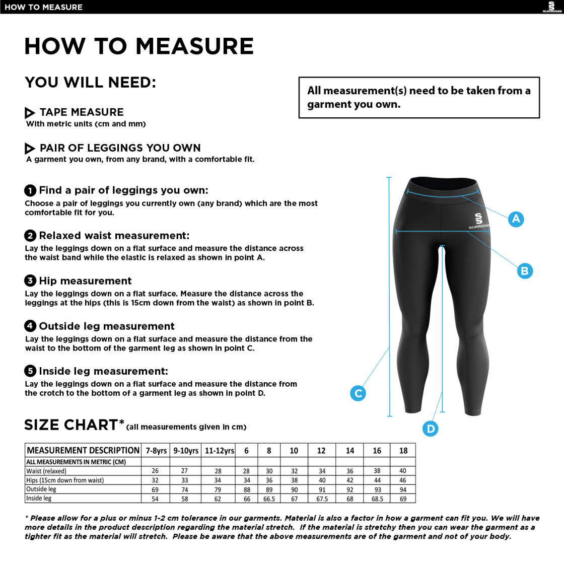 Performance Full Length Leggings - Size Guide